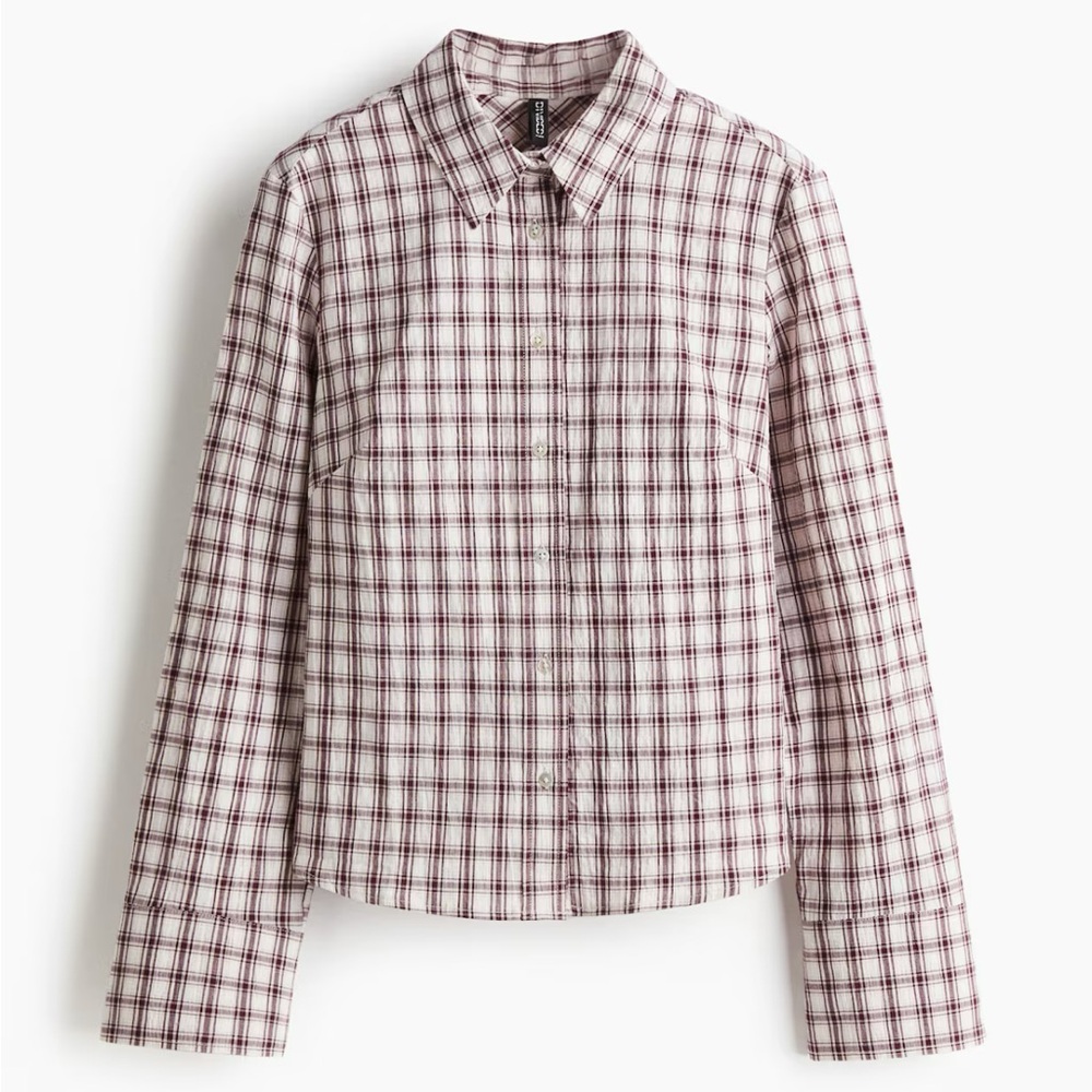 H&M Gingham Poplin Shirt in White/Dark Red